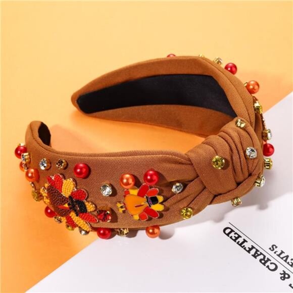 Beaded Turkey Pearl Headband | Festive Thanksgiving Hair Accessory - Picture 5 of 8